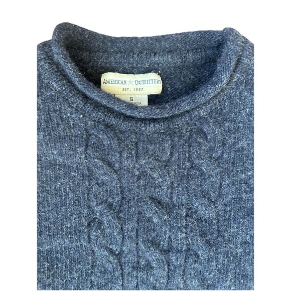 Vintage American Outfitters Cable Knit Navy Roll Neck Wool Sweater Boy's Size S - Picture 2 of 5